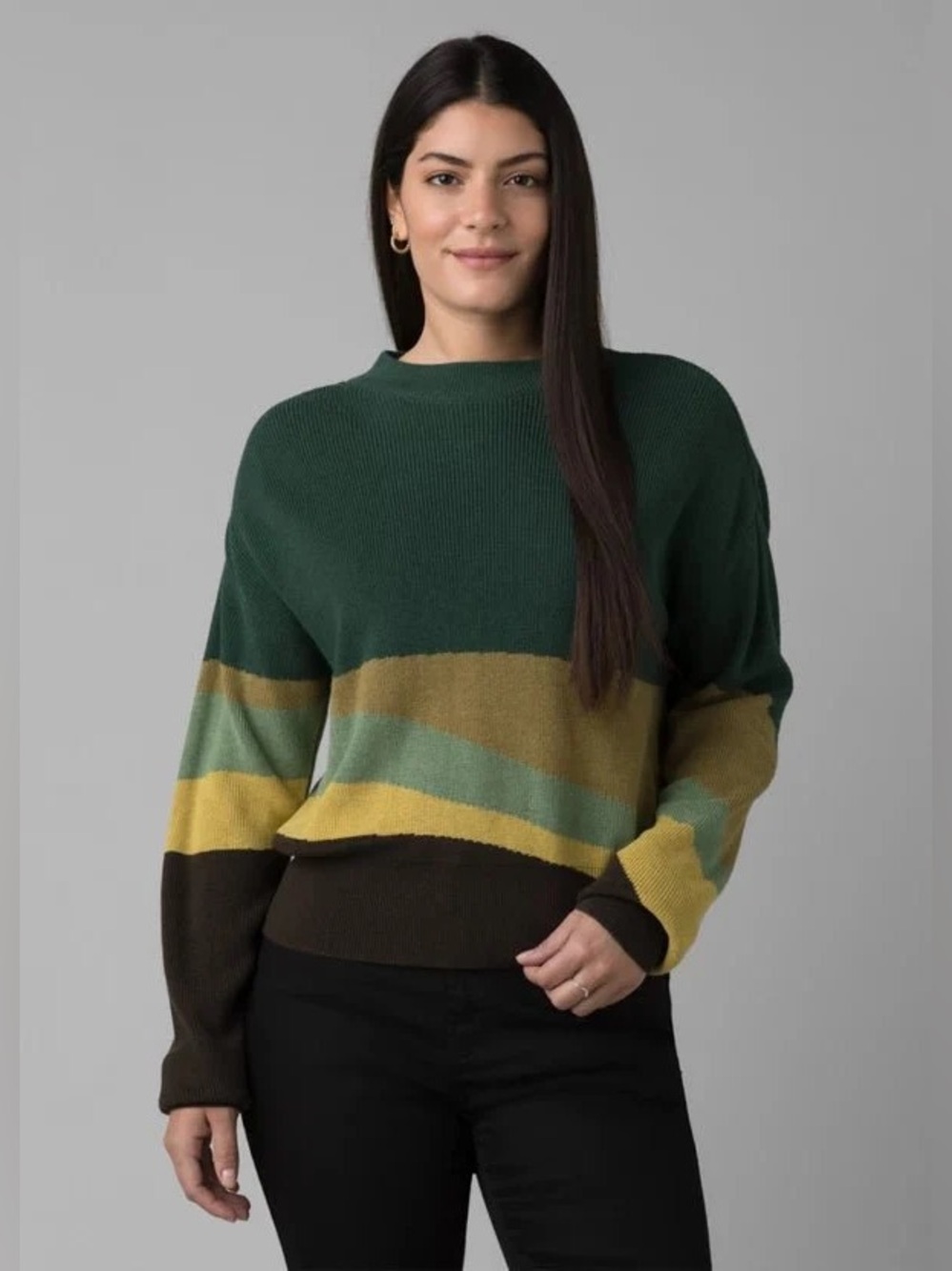 Prana Desert Road Sweater Green Stripe Crewneck Organic Cotton Tencel Intarsia
